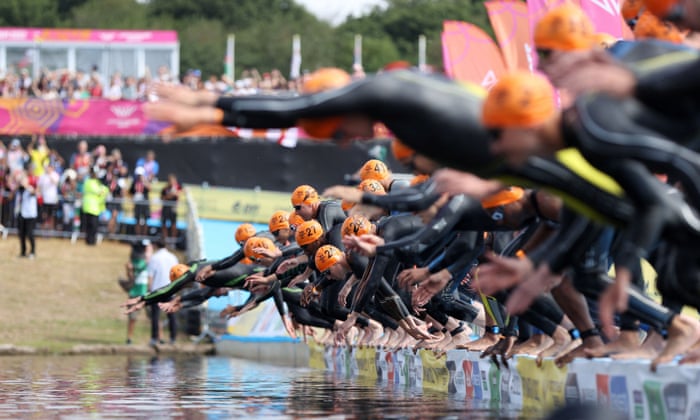 The start of the swimming section of the Men’s Triathlon Individual Sprint Distance Final.
