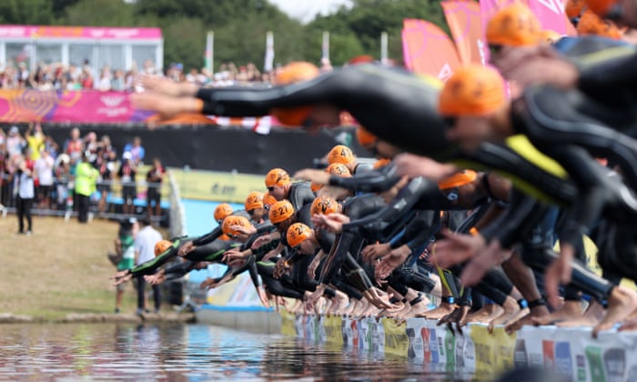 The start of the swimming section of the Men's Triathlon Individual Sprint Distance Final.