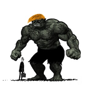 Illustration by David Foldvari of tiny Gove and Hulk-Trump.
