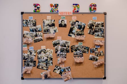 The ‘Nietera’, a cork board with photos of the found grandchildren and the corks of bottles opened to celebrate the finds at the National Genetic Data Bank, Buenos Aires.