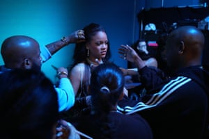 Rhianna gets made up backstage before singing at the Oscars, in LA