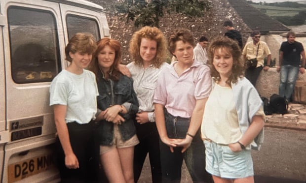 Alison Carter (right) and her friends Jean (far left) and Kelly (second from the right) on a school trip aged 17.