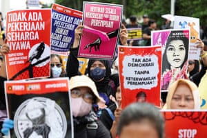 Jakarta, IndonesiaPeople carrying placards take part in a rally in support of women’s rights, calling for gender equality and the impeachment of Indonesia’s president, Joko Widodo