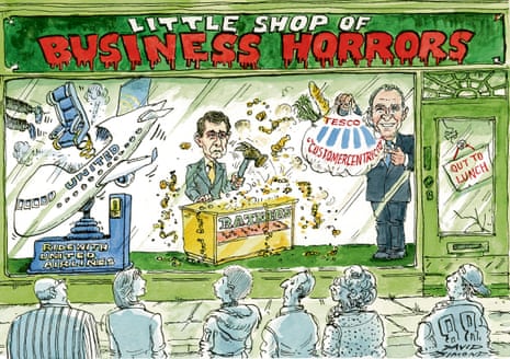 Cartoon of United Airlines, Gerald Ratner and Tesco in the 'little shop of business horrors'