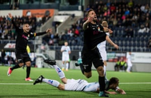 The American Andrew Stadler celebrates in the 93rd minute after scoring the only goal in their 1-0 over Gefle.