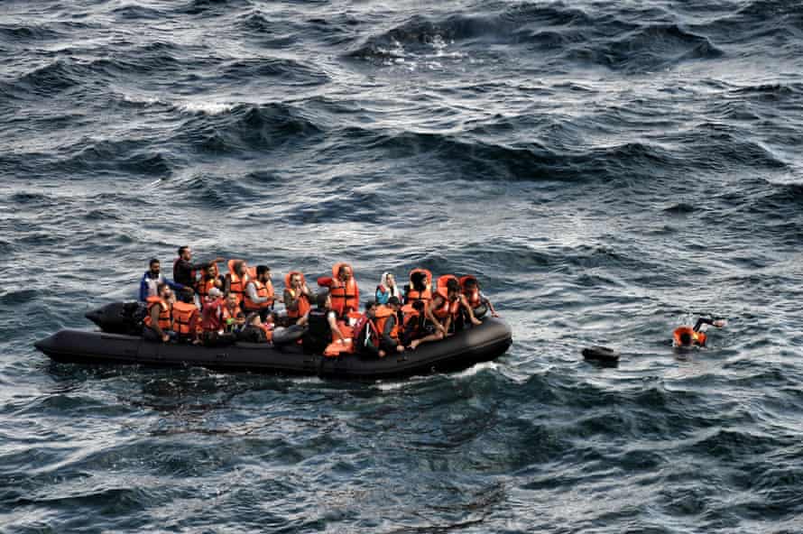 Refugees trying to reach the Greek island of Lesbos after crossing the Aegean sea from Turkey, September 2015