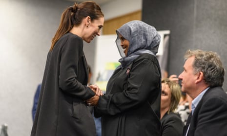 Jacinda Ardern greets a first responder during a visit at the Justice and Emergency Services precinct.