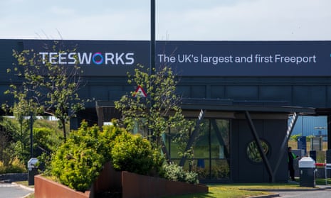 A sign at the Teesside freeport that reads: Teesworks. The UK's largest and first freeport'