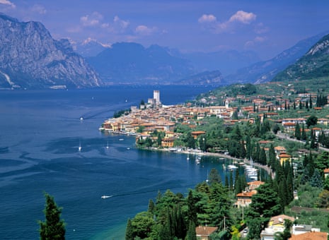 A view Malcesine town, Lake Garda, Italy, with mountains in the background