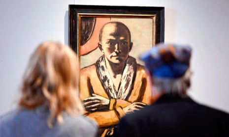Selbstbildnis gelb-rosa (Self-Portrait Yellow-Pink) by Max Beckmann on display at the Grisebach auction house in Berlin