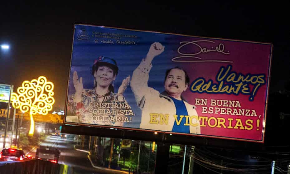 A billboard displaying a campaign poster for Nicaraguan President Daniel Ortega and his running mate and wife Rosario Murillo.