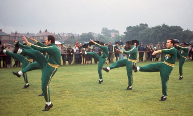 Brazil’s players including Pelé, centre, had originally expected to be training at Bolton’s Burnden Park but the grass was too long so instead the reigning world champions trained at the Bromwich Street ground. They went out in the group stage after losing to Hungary and Portugal.