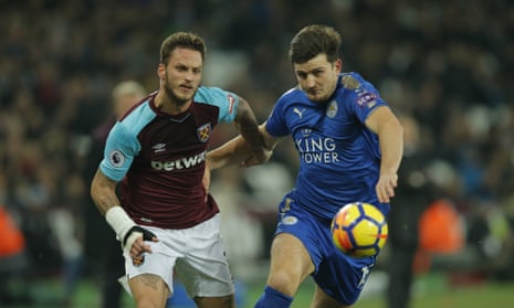 Marko Arnautovic takes on Leicester City’s Harry Maguire.
