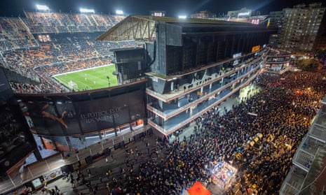 Valencia's supporters demonstrate outside of the Mestalla during the match with Athletic Bilbao. 