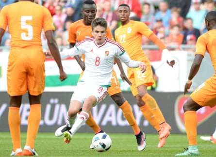 Adam Nagy surrounded by opponents during the recent friendly against Ivory Coast.