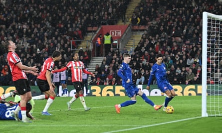 Cole Palmer scores Chelsea’s fourth goal in the 5-1 win at Southampton.