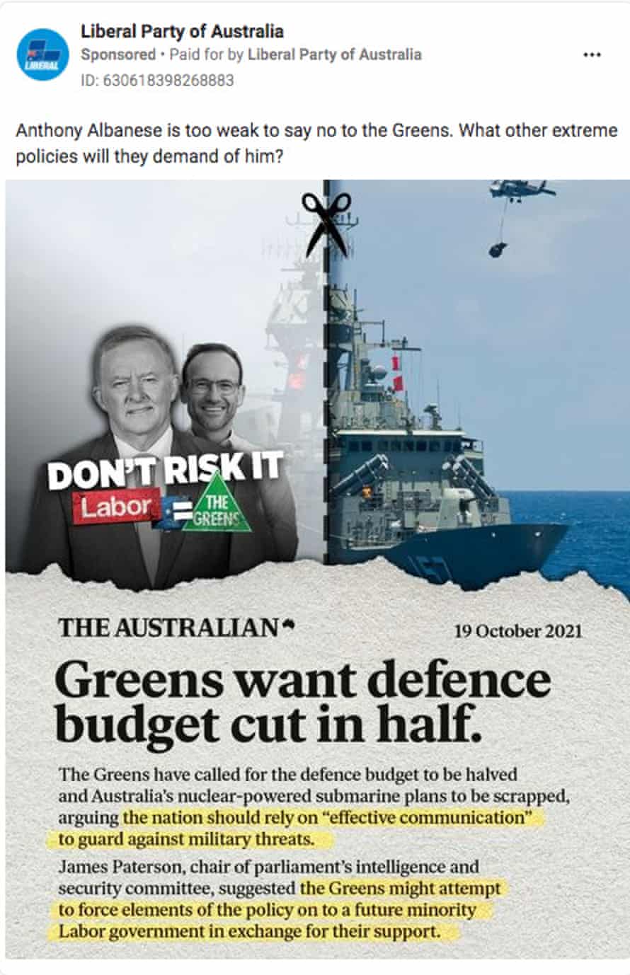 Liberal party ads running on Facebook claiming a Labor-Green coalition would cut defence spending