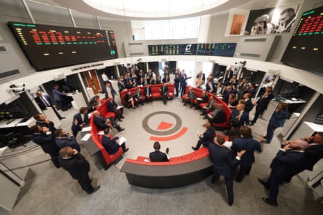 Traders in the Ring at the London Metal Exchange, in the City of London, in 2021 after open-outcry trading returned for the first time since March 2020, when the Ring was temporarily closed due to the COVID-19 pandemic.