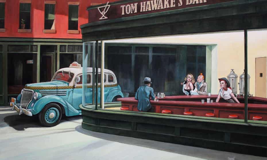 Visuel Taxi pour Noctambules by Xavier Marabout. The artist is being sued over his mashups of Tintin and Edward Hopper.