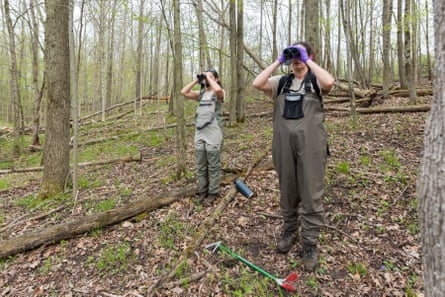 Two women in waders peer through binoculars in a wood 