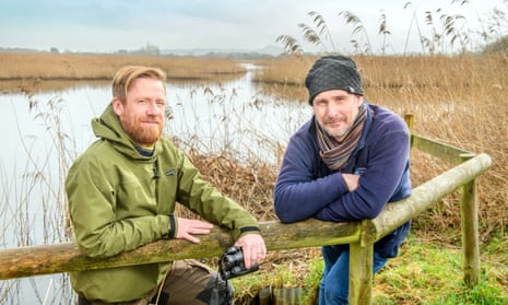 Site manager Steve Hughes, right, with Wild Isles producer Chris Howard at RSPB Ham Wall in Meare near Glastonbury.