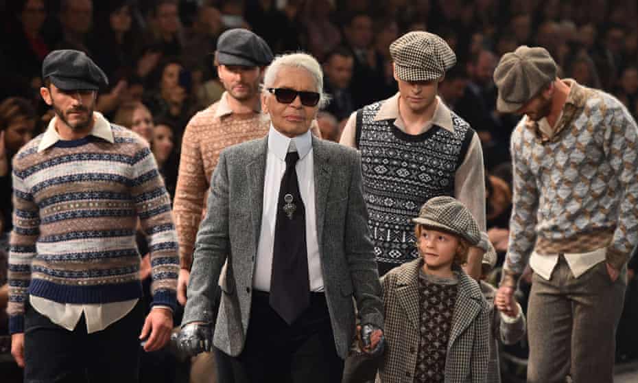Karl Lagerfeld leads models wearing Fair Isle designs at Chanel’s Metiers d’Art show in Rome.