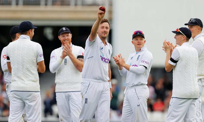 Robinson celebrates his fifth wicket of South Africa’s first innings.