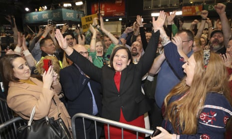The Sinn Féin leader, Mary Lou McDonald, celebrates with supporters