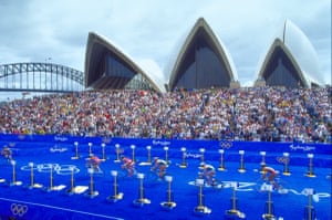 A general view of the cycling leg of the Womens Triathlon from the Sydney Opera House during Day One of the Sydney 2000 Olympic Games in Sydney, Australia.