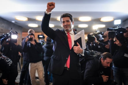 The Chega candidate André Ventura arrives for a televised debate in Lisbon