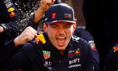 Max Verstappen celebrates after winning the Canadian Grand Prix.