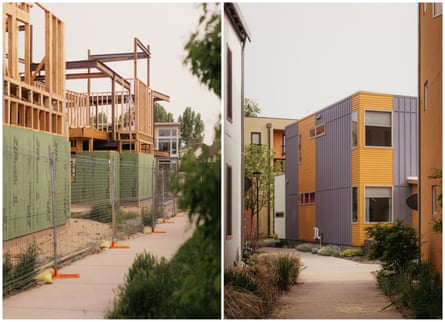 side by side pics: left: construction, right, a rectangular building