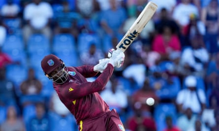 West Indies’ Romario Shepherd plays a shot durring his innings of 48 off 28 balls.