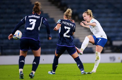 England’s Beth Mead scores her side’s fourth goal of the game against Scotland.