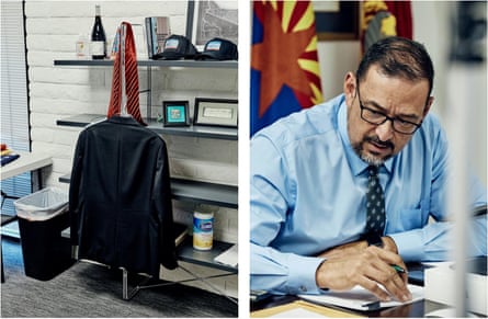 Left: Suiting hanging on floating shelves. Right: A man working