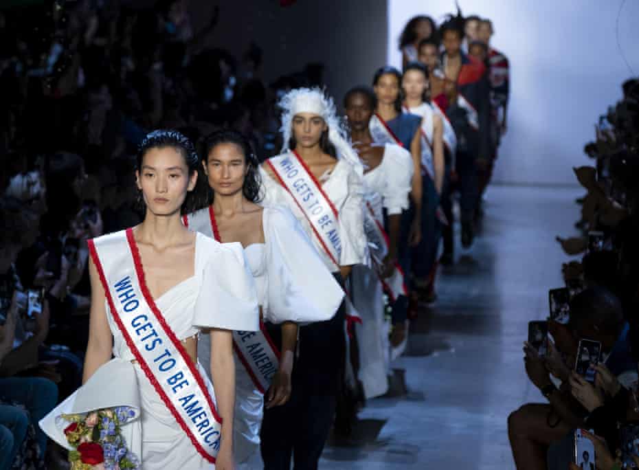 Models sporting ‘Who gets to be American?’ sashes for Prabal Gurung’s spring/summer 20 collection