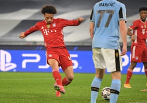 Bayern Munich’s Leroy Sane scores their third goal.