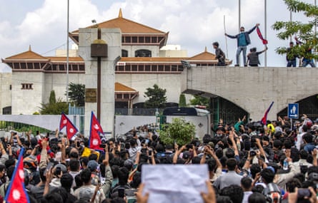 Demonstrators gather outside Nepal’s parliament during a protest in Kathmandu on Monday