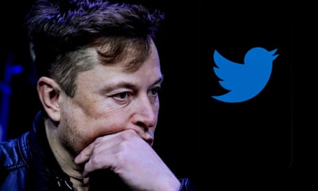 A portrait of Elon Musk against a Twitter logo in the background.