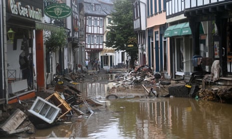 A flooded street in Bad Münstereifel, western Germany