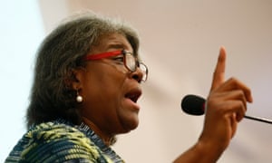Linda Thomas-Greenfields speaking in March 2020.