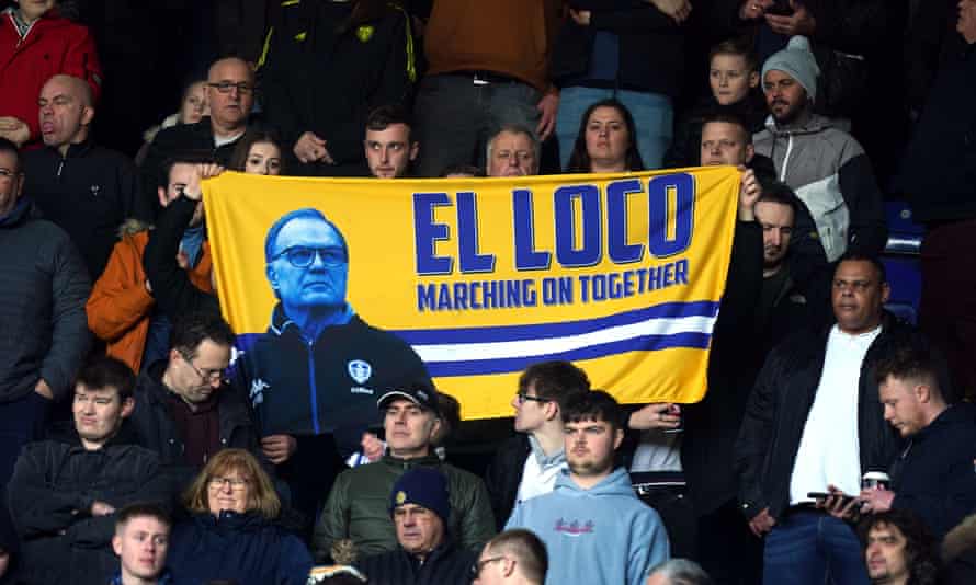 Leeds United fans hold a flag in support of former manager Marcelo Bielsa before the Premier League match at the King Power Stadium