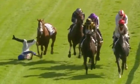 Rossa Ryan falls off his horse Captain Wierzba after being barged into by Christophe Soumillon (on Syros, centre).