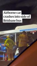 Footage shows car lodged into side of bus after airborne crash in Brisbane
