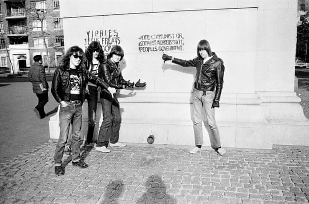 The Ramones with graffiti on the arch in Washington Square Park.