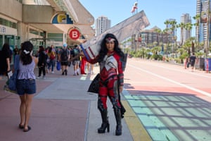 A person stands in cosplay