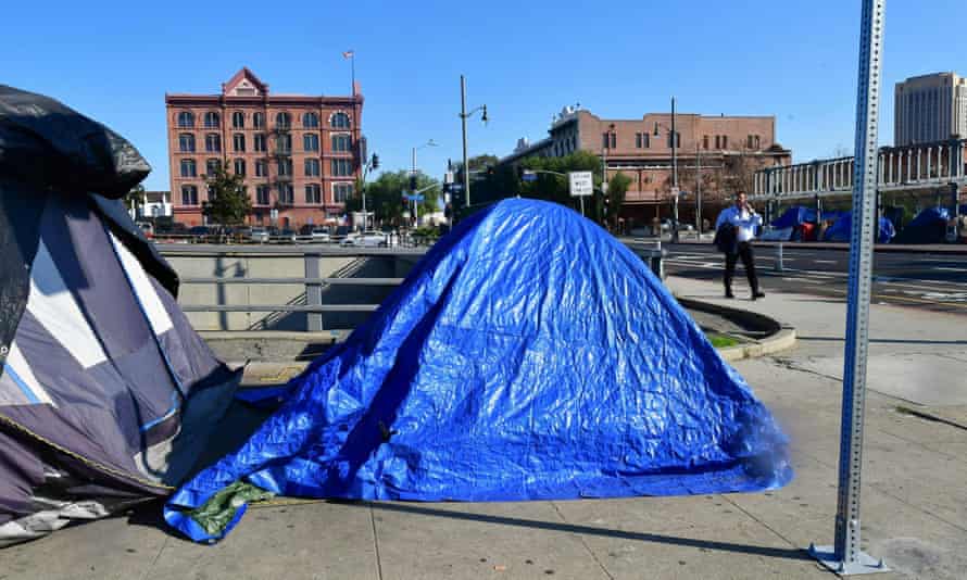 Tents for the homeless on a sidewalk in Los Angeles, California on 8 January 2020.