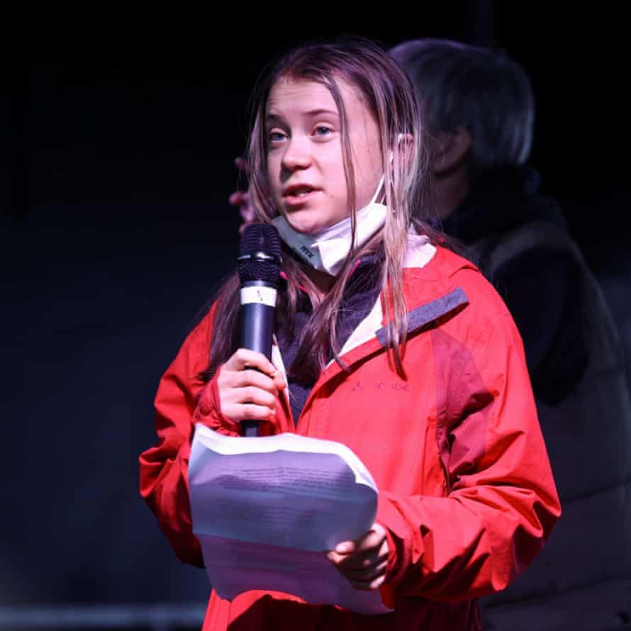 Climate activist Greta Thunberg speaks at a Fridays for Future march during the UN Climate Change Conference (COP26), in Glasgow, Scotland, 5 November