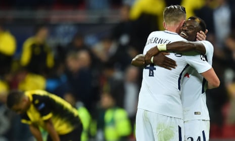 Tottenham Hotspur’s Toby Alderweireld embraces Serge Aurier as they celebrate Spurs’ victory.