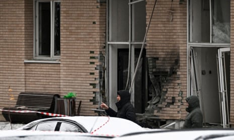 A view of the blast scene, which killed the commander of Russian armed forces' chemical, biological and radiation defence troops, Igor Kirillov, and his assistant, according to the Russian Investigative Committee, outside a residential building on Ryazansky Avenue in Moscow on 17 December 2024.